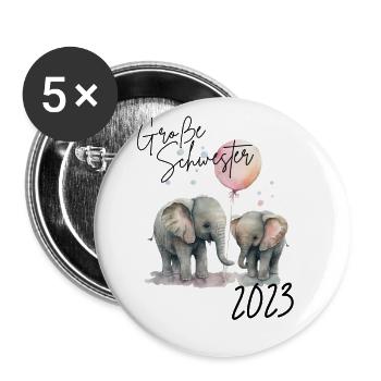 Große Schwester 2023 Süße Elefanten mit Luftballon - Buttons groß 56 mm (5er Pack) - Weiß - Vorne