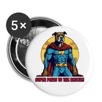 Super Pfoten Zur Rettung Superheld Hund mit Umhang - Buttons groß 56 mm (5er Pack) - Weiß - Vorne