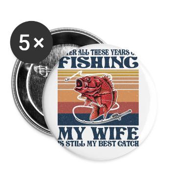 Fischergeschenk, Lustiges Herrenangeln - Buttons groß 56 mm (5er Pack) - Weiß - Vorne