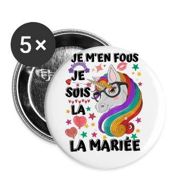 Couple mariage je m en fous je suis la mariée - Lot de 5 grands badges (56 mm) - blanc - Devant