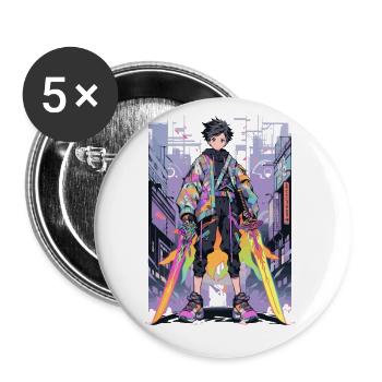 Shibuya: Cooler Anime Junge mit Schwert Japanisch - Buttons groß 56 mm (5er Pack) - Weiß - Vorne