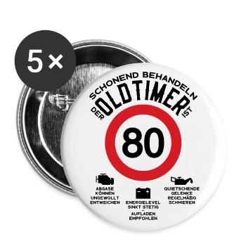 SCHONEND BEHANDELN 80. GEBURTSTAG OLDTIMER 1943 - Buttons groß 56 mm (5er Pack) - Weiß - Vorne