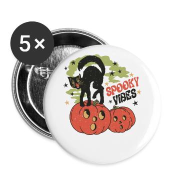 Halloween Retro Schwarze Katze "Spooky Vibes" - Buttons groß 56 mm (5er Pack) - Weiß - Vorne