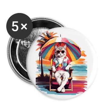 KATZENSTRANDZEIT, KATZENURLAUB UND SOMMERSTIMMUNG - Buttons groß 56 mm (5er Pack) - Weiß - Vorne