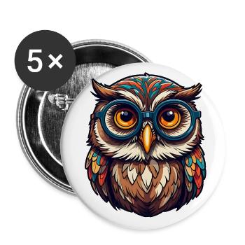 Lustige bunte Eule - Buttons groß 56 mm (5er Pack) - Weiß - Vorne