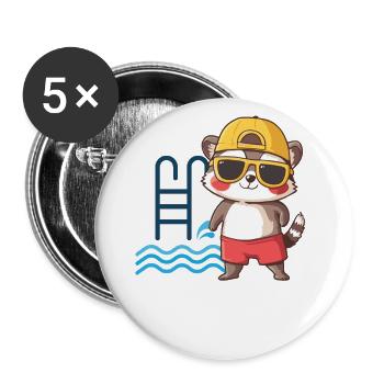 Waschbär am Pool: Lustiges Design für Sommerfans - Buttons groß 56 mm (5er Pack) - Weiß - Vorne