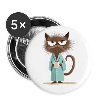 Morning grouch cat with coffee in bathrobe - Buttons large 2.2''/56 mm (5-pack) - white - Front
