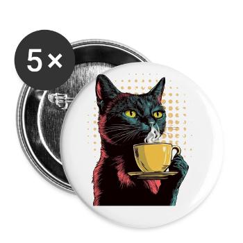 Vintage Katze mit Kaffee - Pop-Art-Stil - Buttons groß 56 mm (5er Pack) - Weiß - Vorne