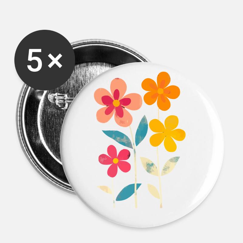 Matisse inspiriert: Retro Blumenmuster Blümchen - Buttons groß 56 mm (5er Pack) - Weiß