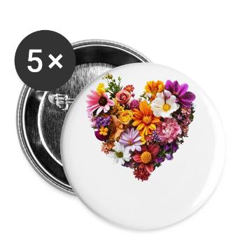 Herz aus bunten Blumen - Üppige Blütenpracht - Buttons groß 56 mm (5er Pack) - Weiß - Vorne