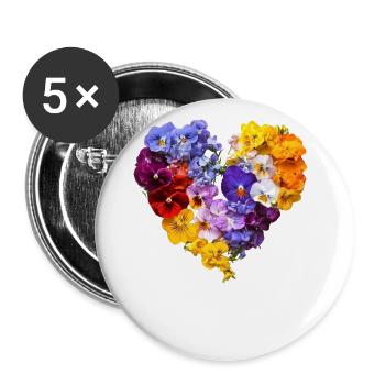 Herz aus Stiefmütterchen - Farbenfrohe Blütenprach - Buttons groß 56 mm (5er Pack) - Weiß - Vorne