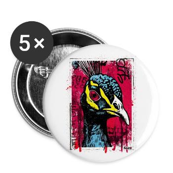 Pfau mit pinkem Blick im Streetart-Look - Buttons groß 56 mm (5er Pack) - Weiß - Vorne