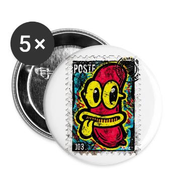 Freche Comic-Wurst mit Zunge auf Briefmarke - Buttons groß 56 mm (5er Pack) - Weiß - Vorne