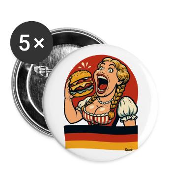 Dirndl-Frau isst Riesen-Burger - Buttons groß 56 mm (5er Pack) - Weiß - Vorne