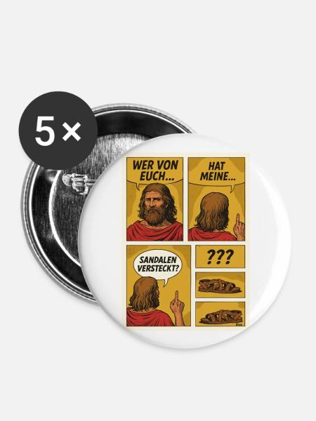 Comic-Jesus sucht Sandalen - Buttons groß 56 mm (5er Pack) - Weiß