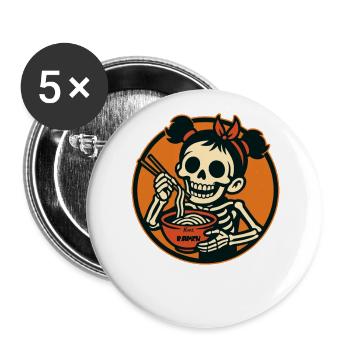 Squelette dessin animé fille mangeant des nouilles ramen - Lot de 5 grands badges (56 mm) - blanc - Devant