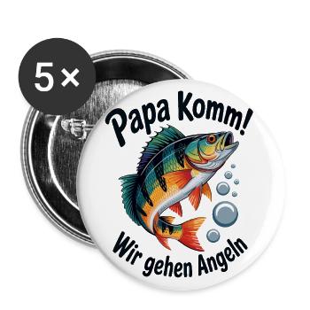 Papa komm wir gehen Angeln springender Barsch - Buttons groß 56 mm (5er Pack) - Weiß - Vorne