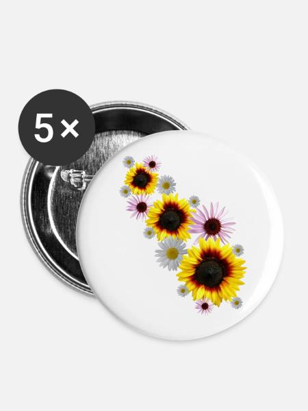 Blumenranke mit Sonnenblumen, Margeriten, Blumen - Buttons groß 56 mm (5er Pack) - Weiß