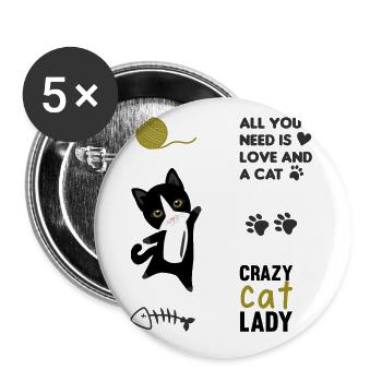 Katze schwarze Katzen Stickerset Sprüche Pfoten - Buttons groß 56 mm (5er Pack) - Weiß - Vorne