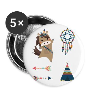 Indianer Pferd Stickerset Ponny Reiter Traumfänger - Buttons groß 56 mm (5er Pack) - Weiß - Vorne