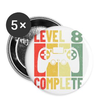 Geburtstag Gaming Gamer Zocker Level 8 Complete - Buttons groß 56 mm (5er Pack) - Weiß - Vorne