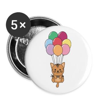 Cat flies upwards with colorful balloons - Buttons large 2.2''/56 mm (5-pack) - white - Front