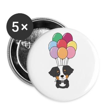 Berner Sennenhund fliegt mit bunten Luftballons - Buttons groß 56 mm (5er Pack) - Weiß - Vorne