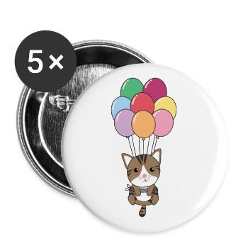 Cat flies upwards with colorful balloons - Buttons large 2.2''/56 mm (5-pack) - white - Front