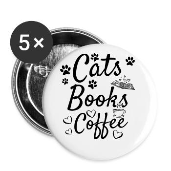 Cats Books Kaffee Bücherwurm Katzenbesitzer - Buttons groß 56 mm (5er Pack) - Weiß - Vorne