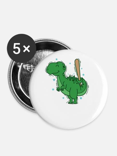 Dino beim Baseball Dinosaurier Reptil - Buttons groß 56 mm (5er Pack) - Weiß