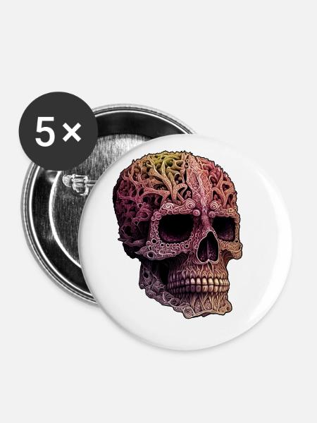 Verzierter Schädel - Buttons groß 56 mm (5er Pack) - Weiß