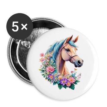 Aquarell Pony Pferd Liebe und Glück mit Blumen - Buttons groß 56 mm (5er Pack) - Weiß - Vorne