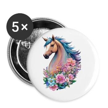 Pferd Pony in Pastell Farben Florales Muster - Buttons groß 56 mm (5er Pack) - Weiß - Vorne