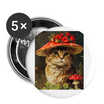 Vintage Katze in einem Pilz Blumenhut Cottagecore - Buttons groß 56 mm (5er Pack) - Weiß - Vorne