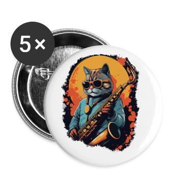 Chat drôle jouant de la musique de saxophone - Lot de 5 grands badges (56 mm) - blanc - Devant