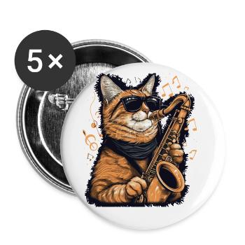Lustige Katze, die Saxophon spielt Musiknoten Grafik - Buttons groß 56 mm (5er Pack) - Weiß - Vorne