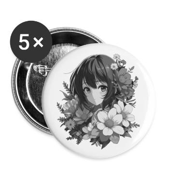 Girl with flowers 🌸 - 2 - Buttons large 2.2''/56 mm (5-pack) - white - Front