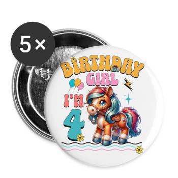 Pony 4. Geburtstag Mädchen Pferd Reiten - Buttons groß 56 mm (5er Pack) - Weiß - Vorne