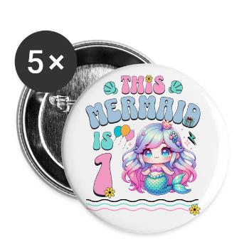 Meerjungfrau 1. Geburtstag Mädchen Kinder - Buttons groß 56 mm (5er Pack) - Weiß - Vorne