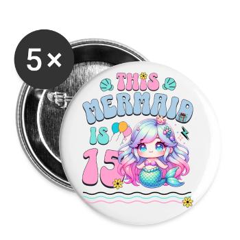 Mermaid 15th Birthday Girl Kids - Buttons large 2.2''/56 mm (5-pack) - white - Front