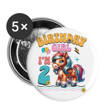 poney 2e anniversaire fille équitation - Lot de 5 grands badges (56 mm) - blanc - Devant