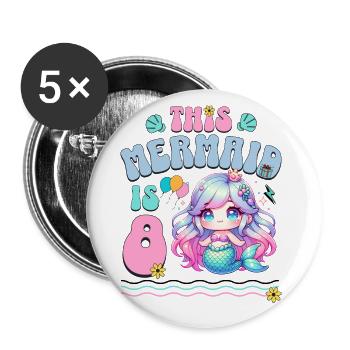 Mermaid 8th Birthday Girl Kids - Buttons large 2.2''/56 mm (5-pack) - white - Front