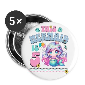 Meerjungfrau 5. Geburtstag Mädchen Kinder - Buttons groß 56 mm (5er Pack) - Weiß - Vorne