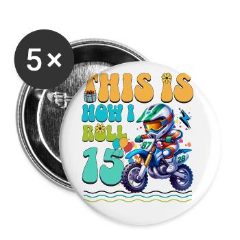 Motocross 15. Geburtstag - Buttons groß 56 mm (5er Pack) - Weiß - Vorne