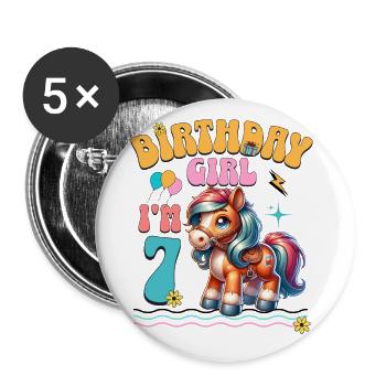 poney 7e anniversaire fille équitation - Lot de 5 grands badges (56 mm) - blanc - Devant