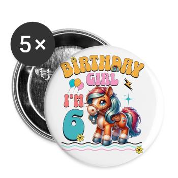 poney 6ème anniversaire fille équitation - Lot de 5 grands badges (56 mm) - blanc - Devant
