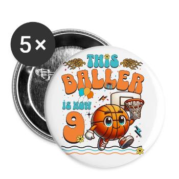 Fête d'anniversaire des enfants du 9ème anniversaire du basket-ball - Lot de 5 grands badges (56 mm) - blanc - Devant