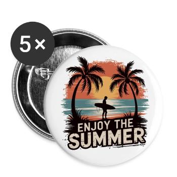 Sommer, Sonne, Strand: Dein neues T-Shirt - Buttons groß 56 mm (5er Pack) - Weiß - Vorne