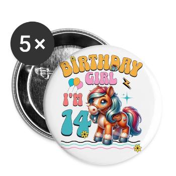 14e anniversaire fille équitation - Lot de 5 grands badges (56 mm) - blanc - Devant