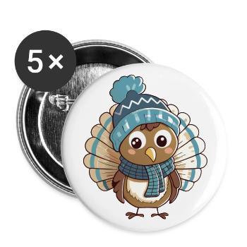 Dinde mignonne avec écharpe et chapeau à pompon. - Lot de 5 grands badges (56 mm) - blanc - Devant